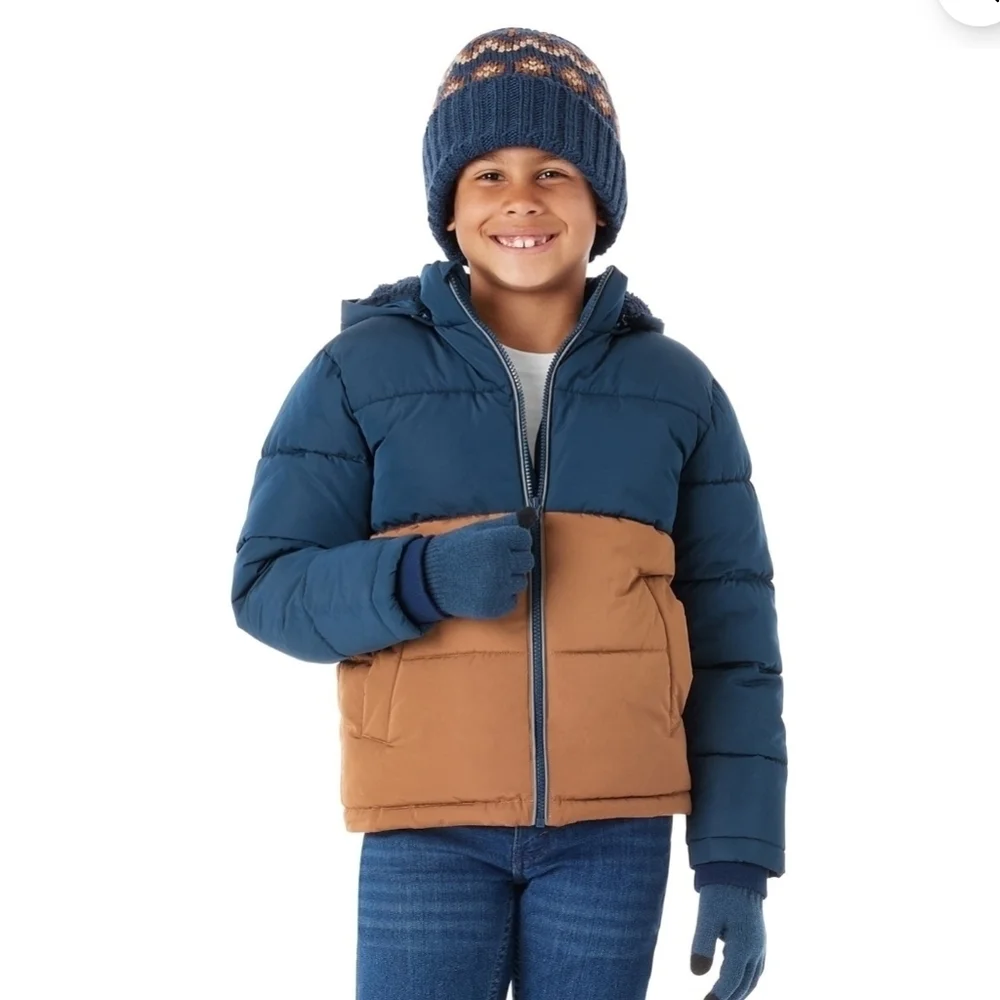 Blue and Brown Puffer Jacket with Hood